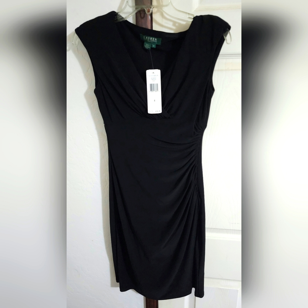 NWT LAUREN RALPH LAUREN Essentials black ruched dress - Size 4